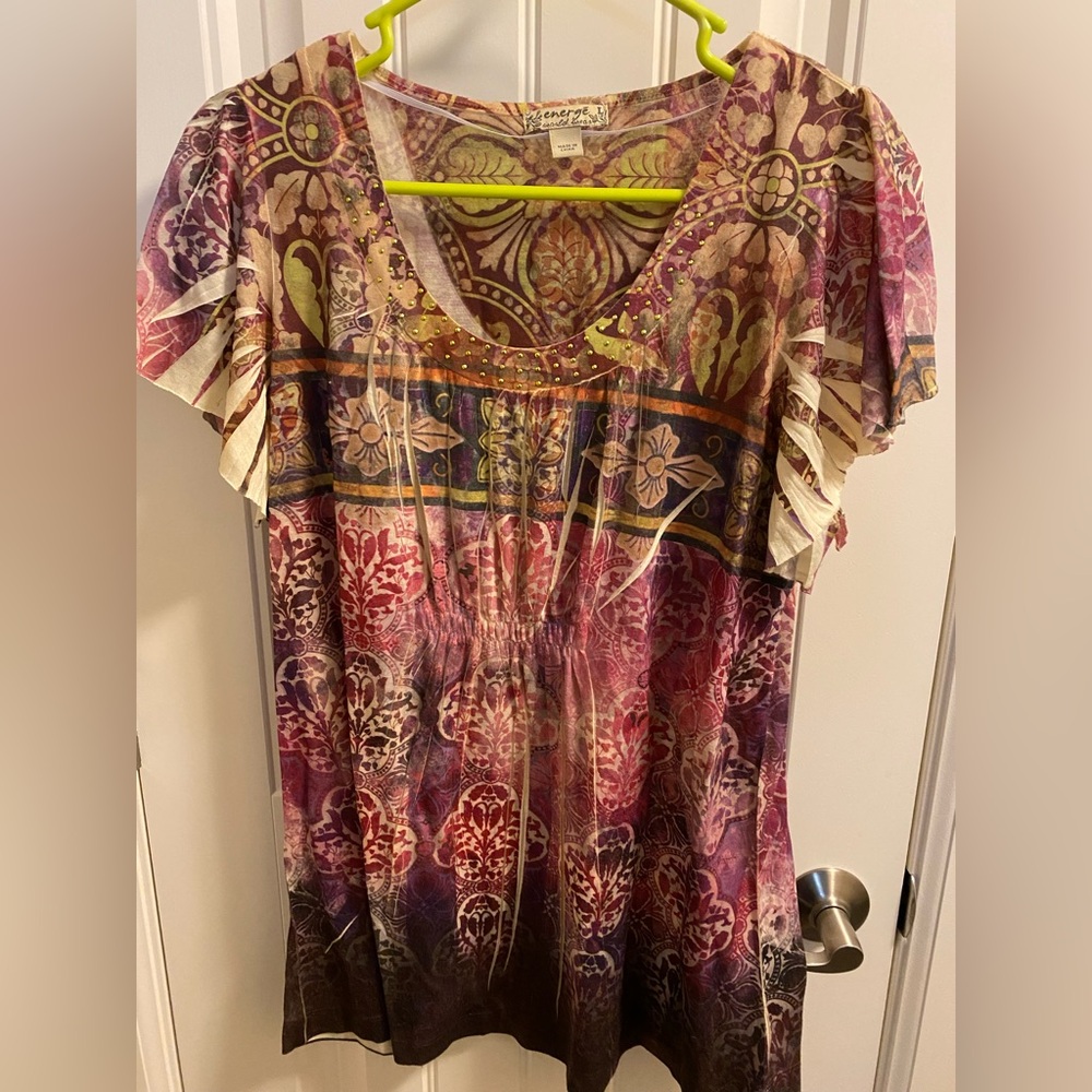 Energe World Wear L Top Sublimation Style Large Shirt Rhinestones Lg Blouse